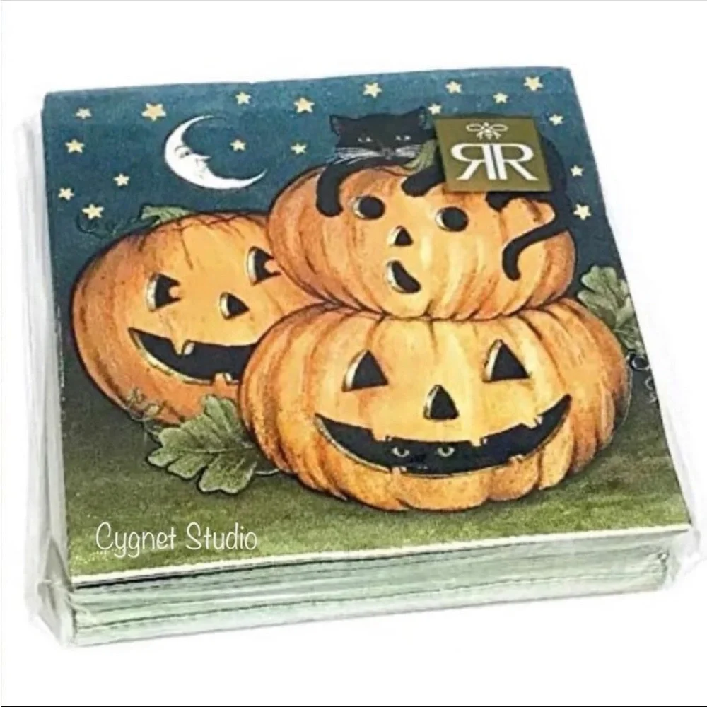 Roberts and Reid Halloween Black Cat Pumpkin Cocktail Beverage Napkins, 40 ct